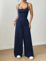 Women's Casual Solid Color Pleating Loose Straight Jumpsuit A-line Backless Halter Neck Slim Cami Jumpsuit Streetwear 2025