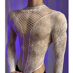 New American Style Fashion Men Vests Tops Crew Neck Sexy HollowMesh Bodysuit CasualLong Sleeve Tank Clubwear Party Costume
