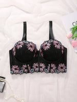 D E Thin Cup Plus Size Bras Lace Embroidered Floral Push up Bra Wide Shoulder Straps Soft Side Support Underwire Bra for Women