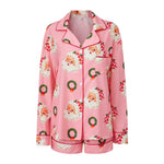 Women's Christmas Two Pieces Pajama Set Long Sleeve Lapel Santa Claus/Christmas Tree Print Shirt Shorts Loose Sleepwear
