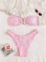 Sexy Bandeau Bikini 2026 Women Shiny Sequin Front Ring Push Up Micro Swimsuit Summer Pink Bathing Suit Thong Swimwear Biquini