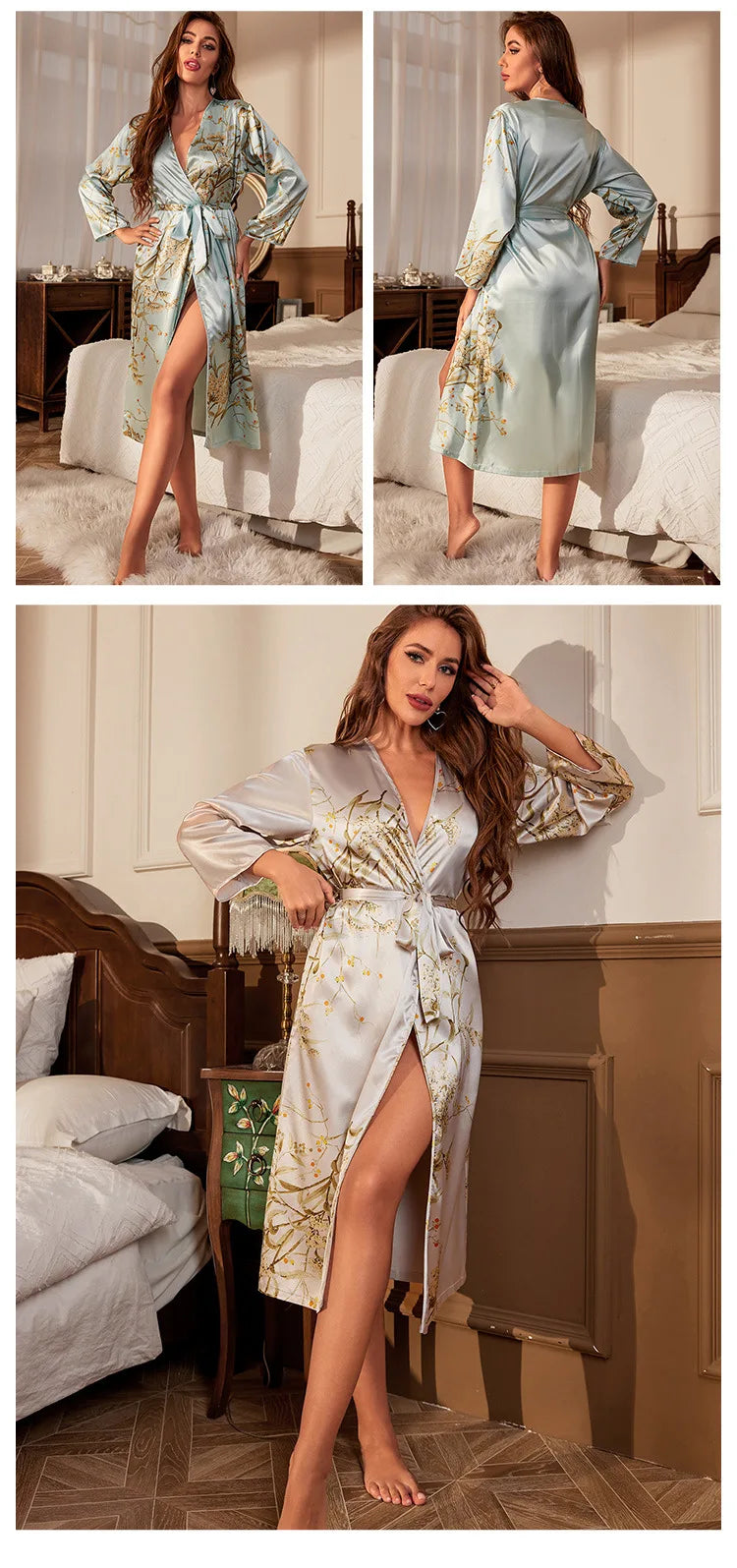 Night Dress Long-sleeved Nightgown Thin Sexy Women's Lace-up Dressing Gown Simple Cardigan Pajamas Ice Silk Bathrobe Sleepwear