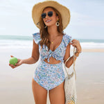 Vintage Blue Floral Print One Piece Swimsuit Skirt Sets Women Front Bow Ruffles Hollow Tummy Control Bathing Suit Swimwear 2026