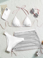 Sexy White Swimsuits Women Mesh Pleate Drawstring 3 Piece Bikinis Sets 2025 Push Up Bathing Suit High Waist Swimwear Biquini