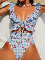 Vintage Pink Starberry Print One Piece Swimsuit 2026 Women Ruffles Bandage Cross High Waist Bikini Beach Bathing Suit Swimwear