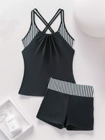 Women's Conservative Two Piece Swimsuit Black Stripe Print Patchwork Crop Top Tankini Set Beach Bathing Suit High Waist Swimwear