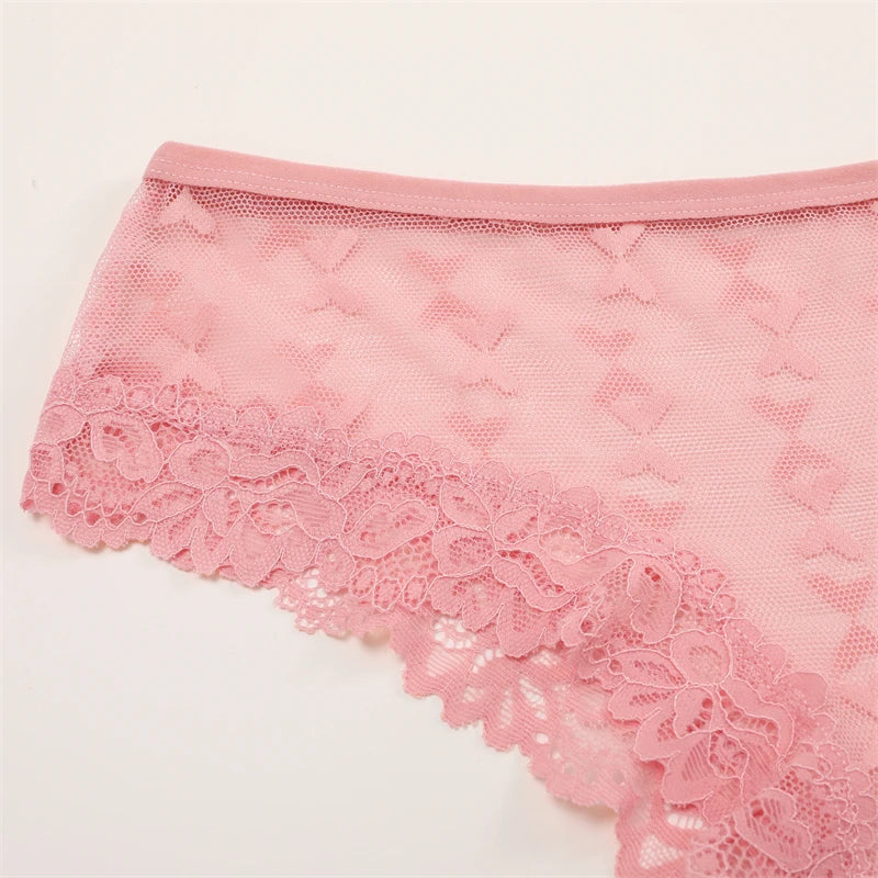 4PCS Lace Bikini Briefs Panties Women's Transparent Lingerie Sexy Female Underpants Floral Lace Perspective Waist Band Briefs