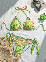 Cute Orange Floral Print Bikini Set Women Halter Ruffles Push Up Tie Side Thong Swimsuit 2026 Summer Bathing Suit Micro Swimwear