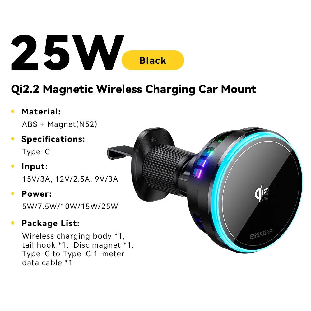 Essager QI2.2 25W Magnetic Car Phone Holder Wireless Charger Stand For iPhone 17 16 15 Pro Max Charging for Magsafe Car Charger