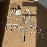 Sexy Micro Bikini 2025 Women Beige Brown Pink Weave Bandage Cross Crochet Swimsuit Brazilian Beach Bathing Suit Thong Swimwear