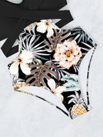 One Piece Swimsuit Women Vintage Green Floral Print Hollow Out Backless High Waist Bikini 2025 Bathing Suit Bandage Swimwear