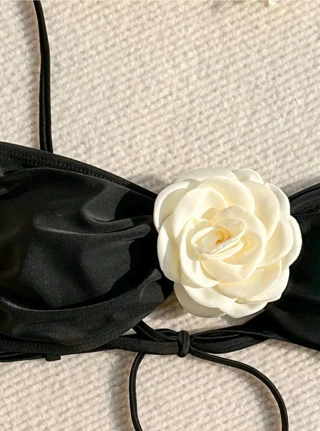 Sexy 3D Flower Patchwork Swimwear Thong Bikini 2024 Women Lace-up Swimsuit Halter Drawstring Swimming Bathing Suit Biquini Mujer