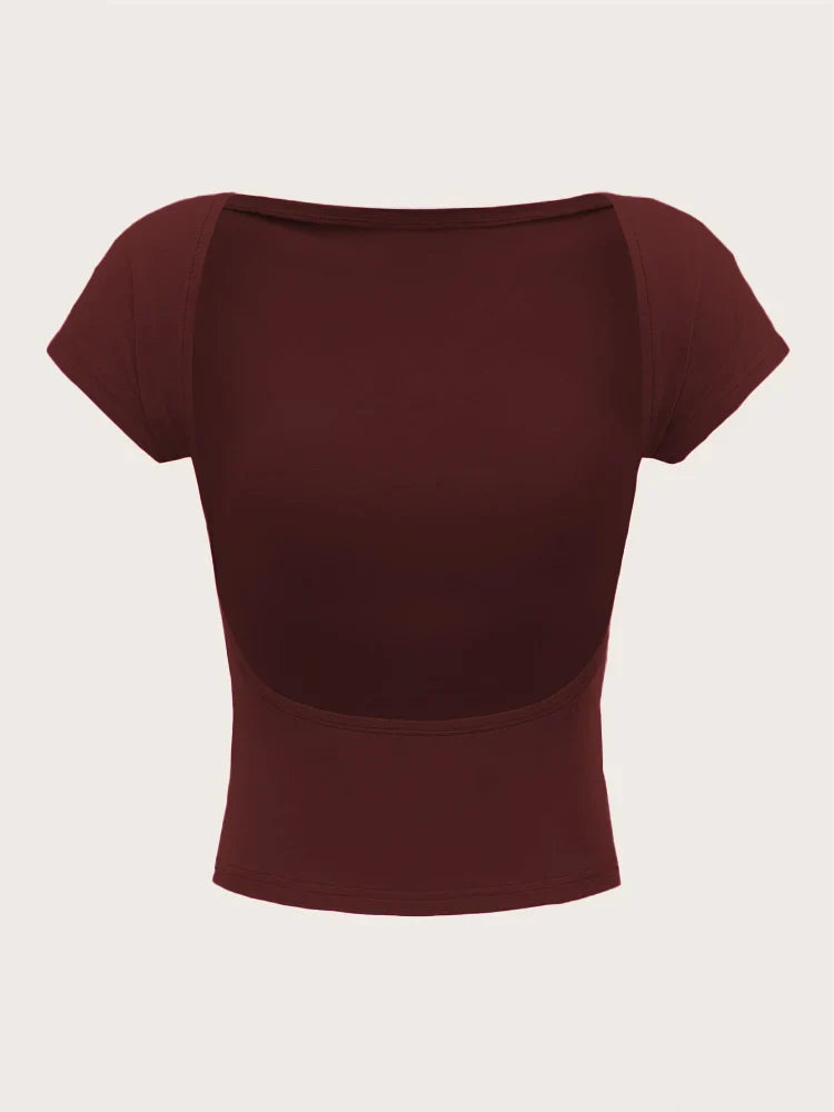 Women's O-neck Backless T-shirt Short Sleeve Solid Color Crop Top Summer Cute Baby Tee Y2K Clothes Bodycon Tunics Fashion Tank