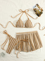 New Retro 3 Pieces Knitted Mesh String Bikini Set Swimsuit Women Blue Striped Swimwear with Shorts Beach Wear Boho Bathing Suit