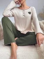Women Autumn Winter Sleepwear Casual Long Sleeve Heart Printd Tops and Long Trousers Pajamas Set Homewear Loungewear