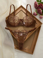 Ladies Classic Black Blue Floral Print Ultra-Thin Bra And Panties Set Elegant Underwear Combo for Women