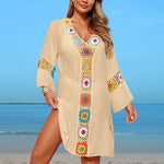 Hand Crochet Multicolour Flower Block Beachwear Cover Up Beach Vacation Casual See-Through Midi Dress Breathable Sunscreen Smock