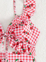 Vintage Pink Starberry Print One Piece Swimsuit 2026 Women Ruffles Bandage Cross High Waist Bikini Beach Bathing Suit Swimwear