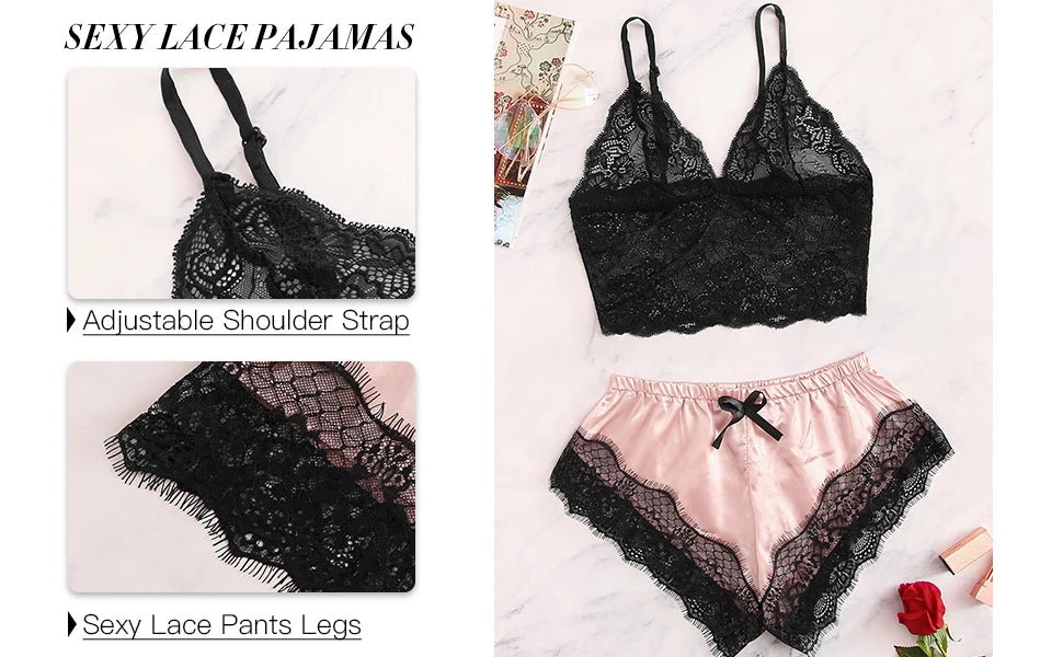 2PCS Women's Satin Pajama Set Lace Cami Top and Shorts Sexy Lingerie Sleepwear Summer Breathable Nightwear Black And Pink