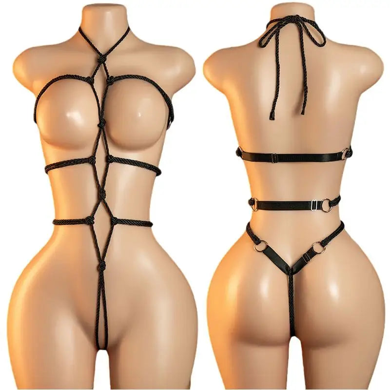 Crotchless Teddy Sexy Underwear Women Hollow Lingerie Transparent SM Bondage Rope Erotic Bodysuits Adult Fishnet Bodystockings
