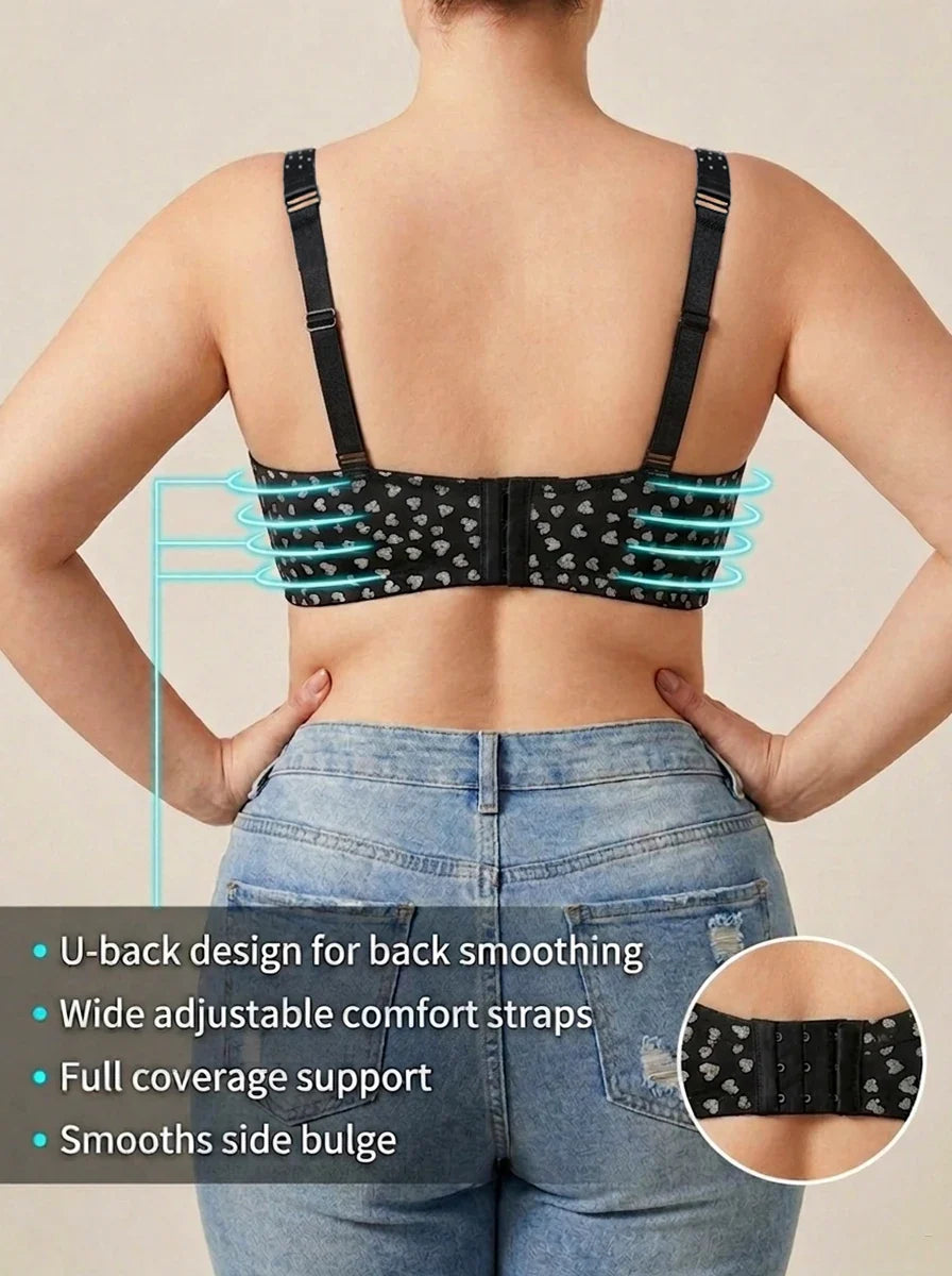 Plus Size Heart Pattern Women's Bra Stylish Push up Bra Rhinestones Adjustable Wide Straps Underwire Thin Cup Comfy Lingerie
