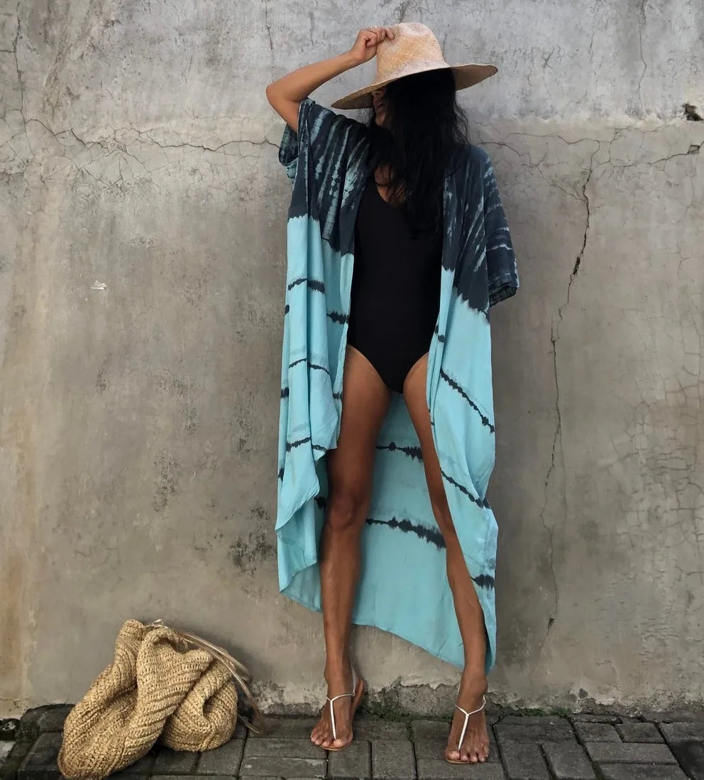 Beach Cover Ups for Swimwear Women Black Tie Dye Kimono Swimsuit Cape Summer Dress 2022 Beachwear Outfits Sales