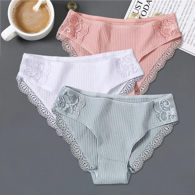 3Pcs/set Women's Cotton Panties M-2XL Women Patchwork Lace Underwear Sexy Low Waist Briefs Ladies Comfortable Underpants 2022