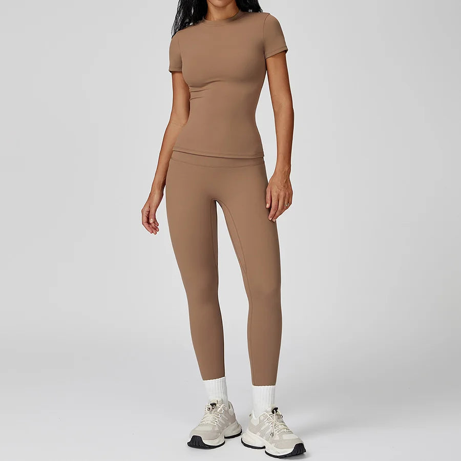 New Yoga Set Two Piece Women Short Sleeve Top with High Waist Leggings Seamless Workout Clothes Patchwork Sport Fitness Gym Sets