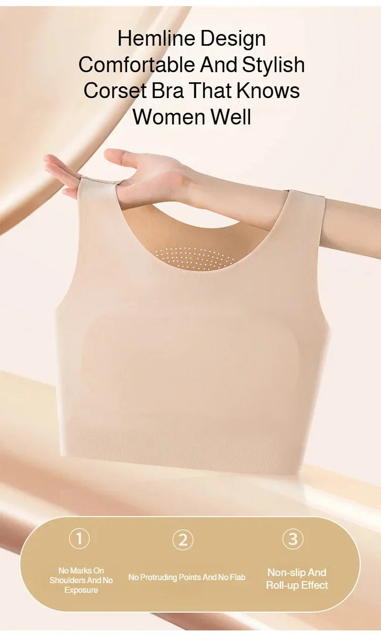 Women's Large Breasts Underwear Wide Shoulder Invisible Corset Antibump Thin Underwear Full Cup Vest Traceless Bra with Bra Pads