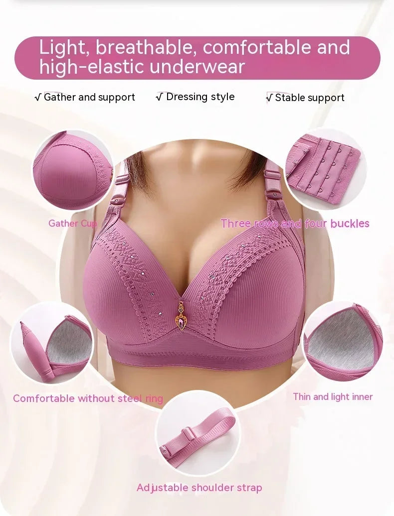 Gathered Side Collection Lifting Underwear Breasts Brassiere Large Size Bra Full Cup Underwear Brassiere No Steel RingBra