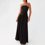 Elegant Strapless Maxi Tube Dress Women Ruched Long Sundress Boat Neck Sleeveless Strapless Flowy Dresses Party Clubwear