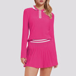 VITALINOVO Tennis Skirt Sets for Women Zipper Color Block Shirts High Waisted Golf Polo Two Piece Skirt Set Women 2 Piece Outfit