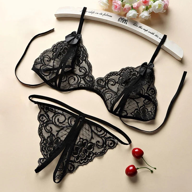 Sexy Lace Bra And Panty Set Woman Transparent Sexy Lingerie &Thong Sets Female Deep V Opening Porn Bra Underwear Sexy Costumes