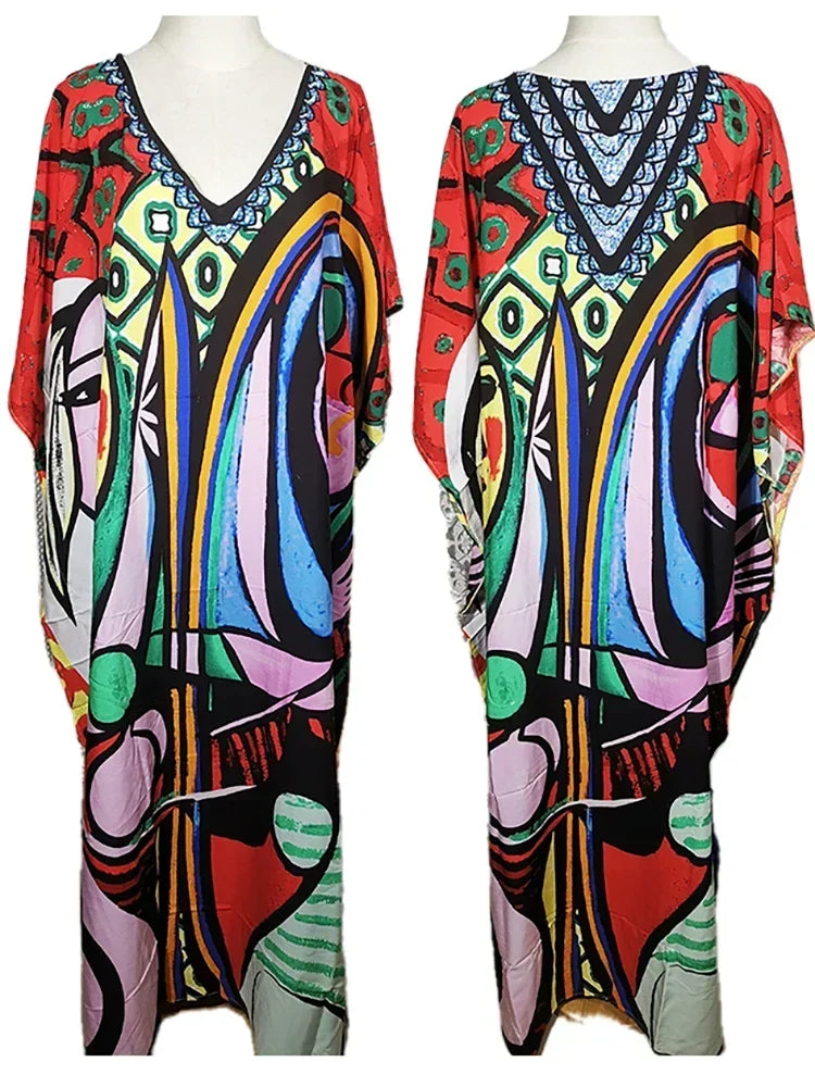 2025 Loose Boho Style Maxi Dress Print Face Swim Suit Cover-up Bohemian Dress Robe Plage Kaftan Maxi Dress Beach Wear Tunics