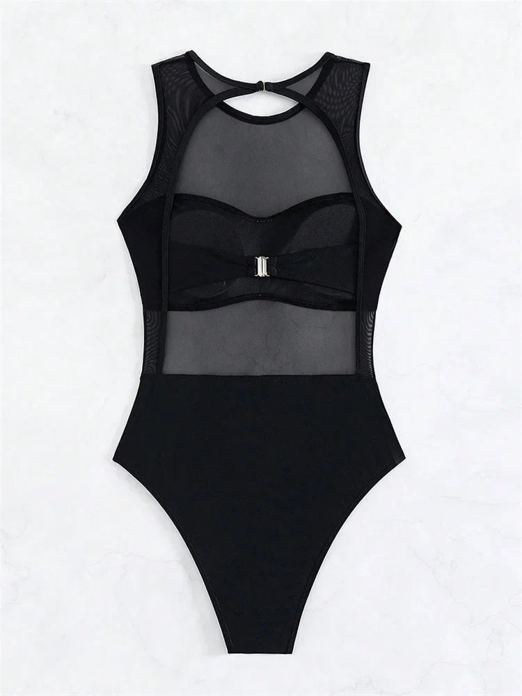 Sexy See Through One Piece Swimsuit 2025 Women Solid Black Mesh Transparent Hollow Out Backless Bathing Suit Swimwear Beachwear