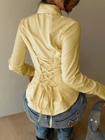 Women's Elegant Back Tie Design Long Sleeve Shirt Office Lady Slim Fit Stripe Turn-down Collar Blouse Spring Fall