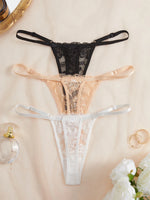 3-Pack Women's Sexy Lace Panties Underwear, Adjustable Strap Floral Lace Sheer Mesh Sexy Thong