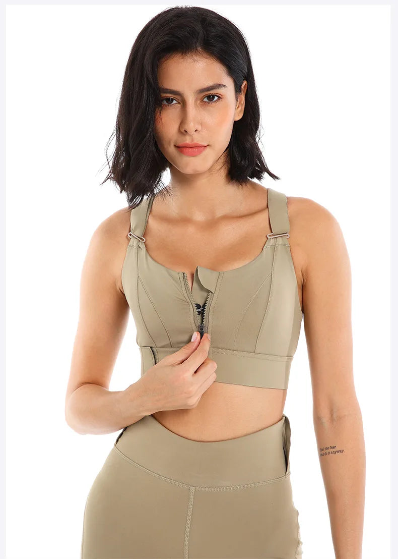 Sports Bras Tights Crop Top Women Yoga Vest Front Zipper Plus Size Adjustable Strap Shockproof Gym Fitness Athletic Brassiere