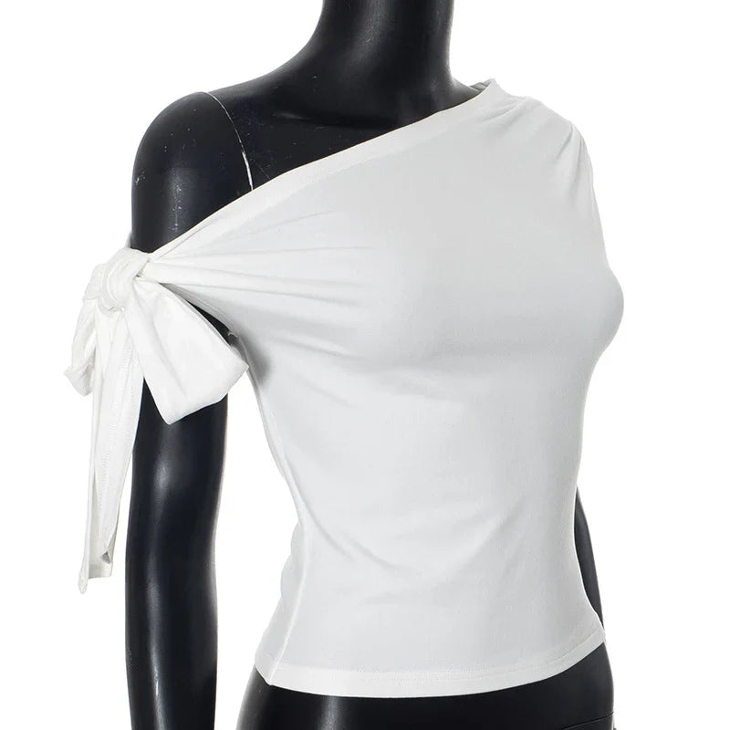 2025 Women'S Summer Ins Style New Shrink Pleated One-Shoulder Crop Top Backless Twist Tie Asymmetric T-Shirt Casual Top