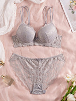 Women's Sexy Lingerie Set Lace Patchwork Solid Color Bowknot Rhinestone Embellished Push-Up Double Shoulder Strap Unlined Comfortable Underwear, Lace Semi-Transparent Breathable Panties