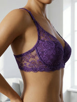 French Women's Lace Trim Push Up Bra Sexy Mesh Underwire Underwear Comfy Thin Padding Floral Lace Lingerie Bra