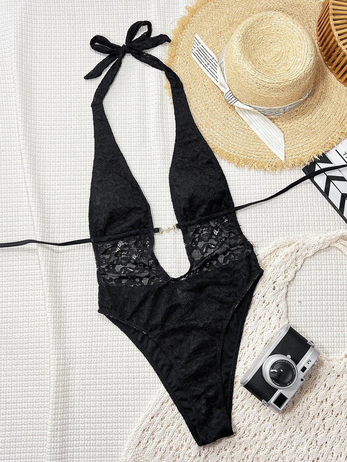 Black Sexy Women One Piece Swimsuit Female Swimwear 2026 Lace Halter Top Monokini Swimming Suit Beachwear Bathing Suit Biquini