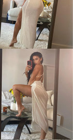 2023 New Crochet Beach Maxi Dress for Women See Through Sexy Bikini Plunge Backless Bandage Sleeveless Lacing Split Long Dresses