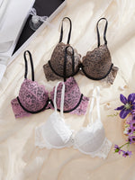 3PCS Daily Lace Trim Women's Underwear Set Rhinestone Push up Bra wite Underwire Soft & Stylish Female Slim Bra