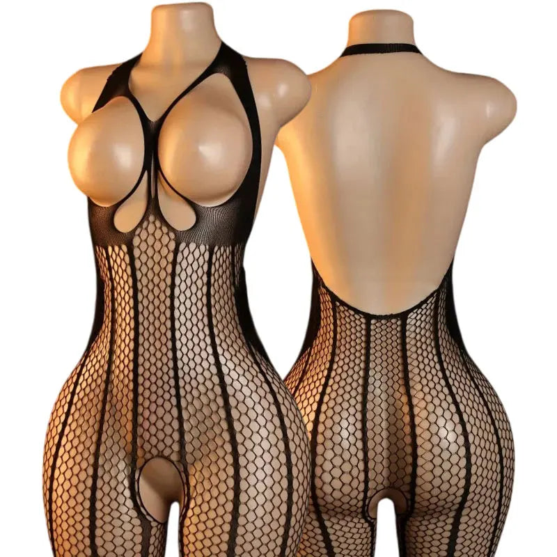 Sexy Body Lingerie Bodysuit Hanging Neck Bodystockings Erotic Crotchless Women Fishnet Hollow Open Bra Underwear Black Stockings