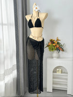 Vintage Beige Black Mesh Skirt 3 Piece Bikini Set 2026 Women Metal Chain Strap Push Up Bra Swimsuit Beach Bathing Suit Swimwear
