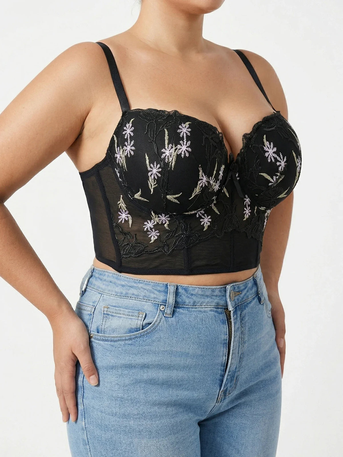 Women's Floral Embroidery Lace Push Up Bra With Underwire Longline Shaping Side Support Minimizer Comfortable Bra