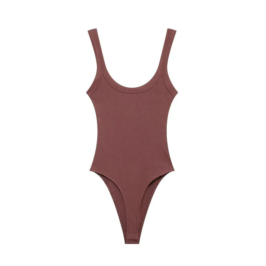 Women's Skinny Ribbed O-Neck Bodysuits with Straps Snap-Button Sexy Fashion Playsuits Comfortable Stretchy Female Clothing