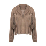 Women Spring Autumn Slim Long Sleeve Open Front Coat Solid Color Collared Jacket with Tassels Black/ Coffee/ Pink