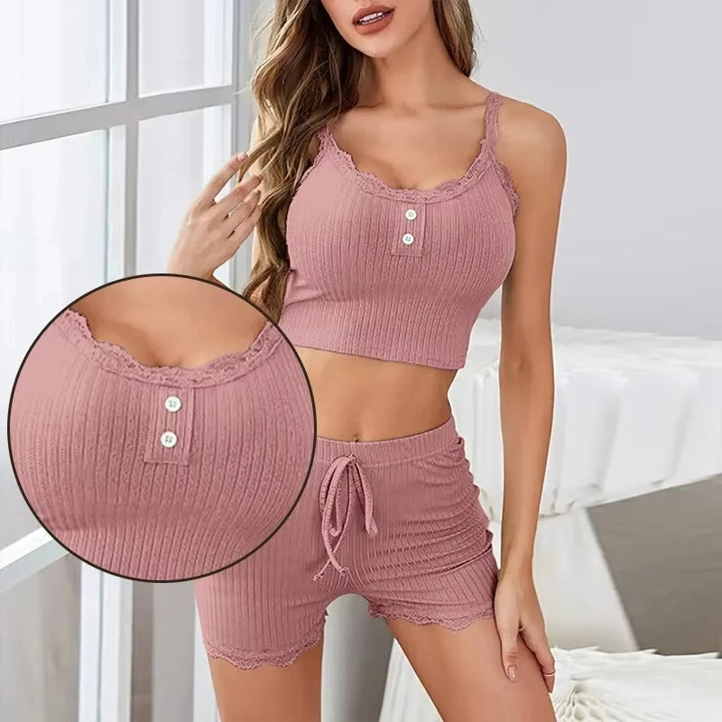Womens Two Piece Pajama Set Ribbed Knit Lace Trim Crop Cami Top And Shorts Summer Loungewear Sleepwear Homewear New hot selling